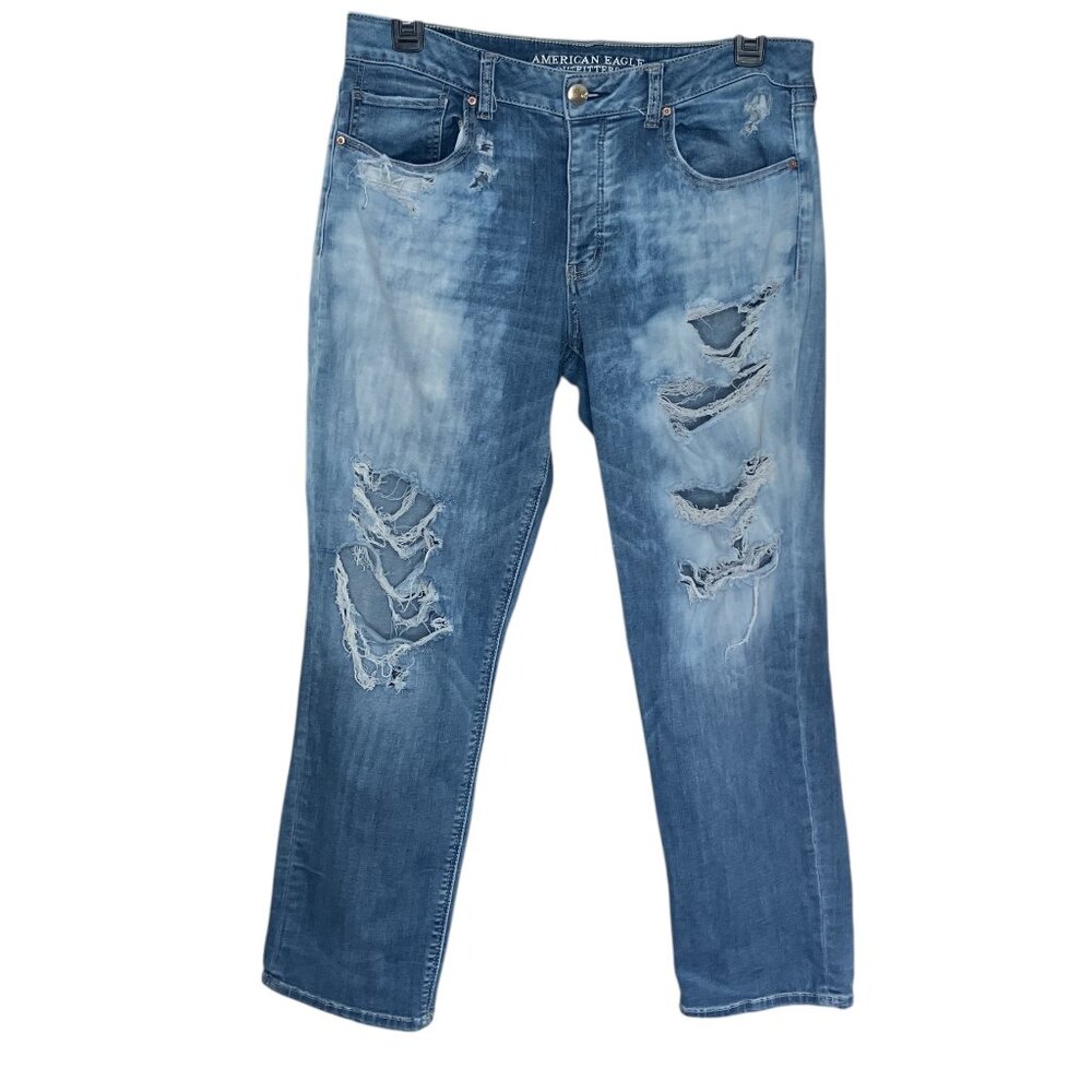 American Eagle 12 Regular Distressed Ripped Bleached Super Stretch Tomgirl Jeans